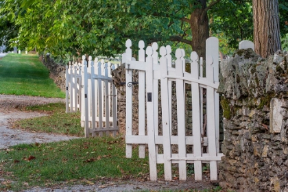 Picture of GATE AND WHITE WOODEN FENCE AND ROCK WALL-SHAKER VILLAGE OF PLEASANT HILL-HARRODSBURG-KENTUCKY