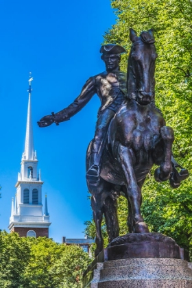 Picture of PAUL REVERE STATUE-OLD NORTH CHURCH-FREEDOM TRAIL-BOSTON-MASSACHUSETTS-CHURCH IN 1775 PUT UP LANTER
