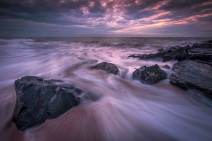 Picture of USA-NEW JERSEY-CAPE MAY NATIONAL SEASHORE-SUNRISE ON ROCKY SHORE AND OCEAN
