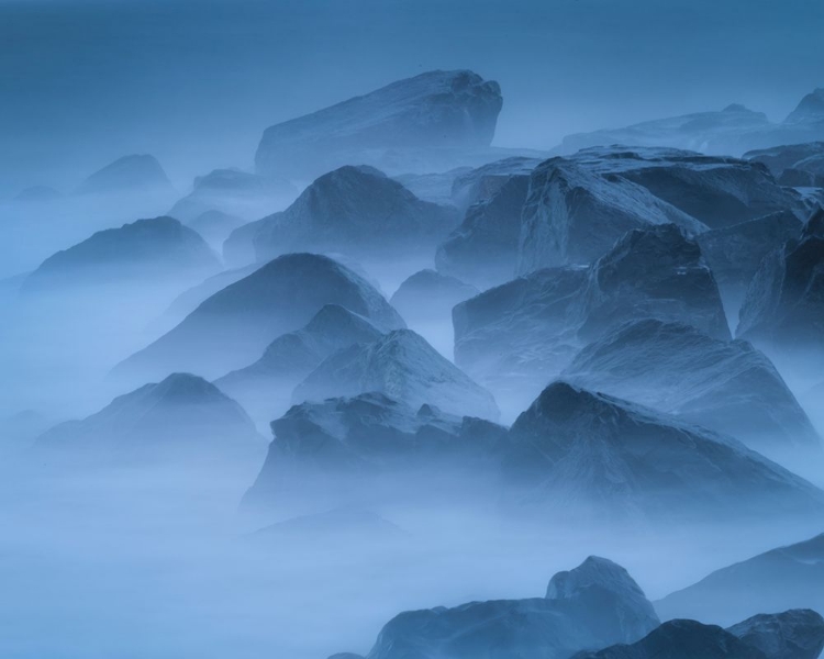 Picture of USA-NEW JERSEY-CAPE MAY NATIONAL SEASHORE-SCENIC OF FOG-COVERED ROCKS ON SHORE