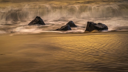 Picture of USA-NEW JERSEY-CAPE MAY NATIONAL SEASHORE-SUNRISE ON SHORE ROCKS AND WAVE