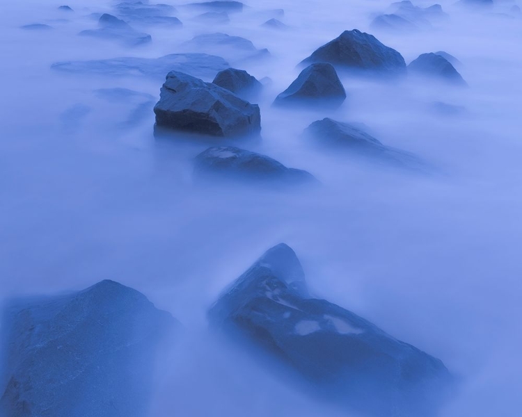 Picture of USA-NEW JERSEY-CAPE MAY NATIONAL SEASHORE SUNRISE MIST ON ROCKY SHORE