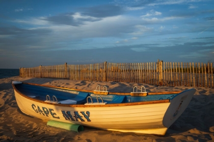 Picture of USA-NEW JERSEY-CAPE MAY NATIONAL SEASHORE ROWBOAT ON BEACH SAND AT SUNRISE