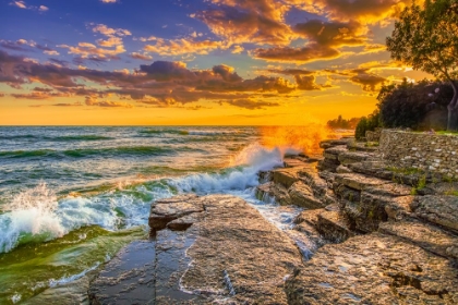 Picture of USA-NEW YORK-LAKE ONTARIO SUNSET WAVES ON ROCKY SHORELINE