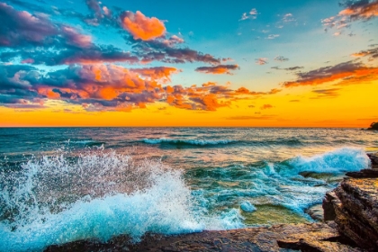 Picture of USA-NEW YORK-LAKE ONTARIO SUNSET WAVES ON ROCKY SHORELINE