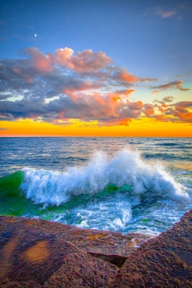 Picture of USA-NEW YORK-LAKE ONTARIO SUNSET WAVES ON ROCKY SHORELINE