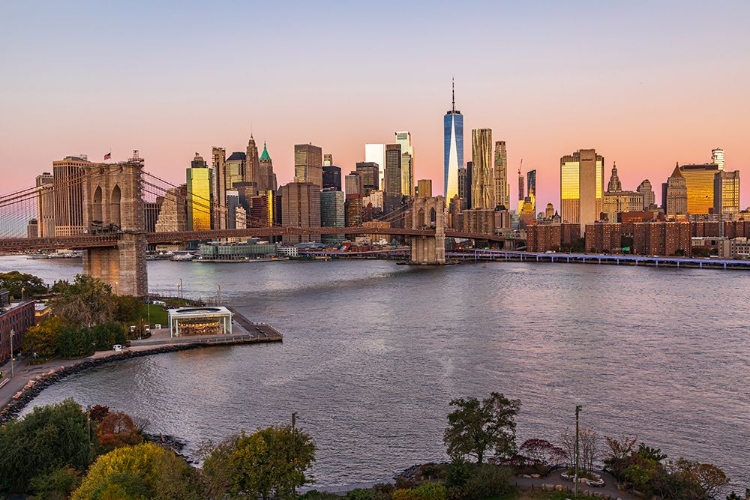 Picture of MANHATTAN-NEW YORK-USA SUNRISE VIEW OF MANHATTAN AND THE BROOKLYN BRIDGE