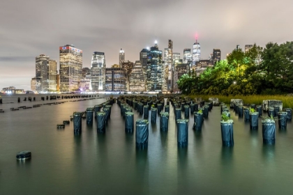 Picture of USA-NEW YORK DOWNTOWN VIEW FROM PIER 1-WOODEN PILINGS IN FRONT OF RIVER IN BROOKLYN HEIGHTS