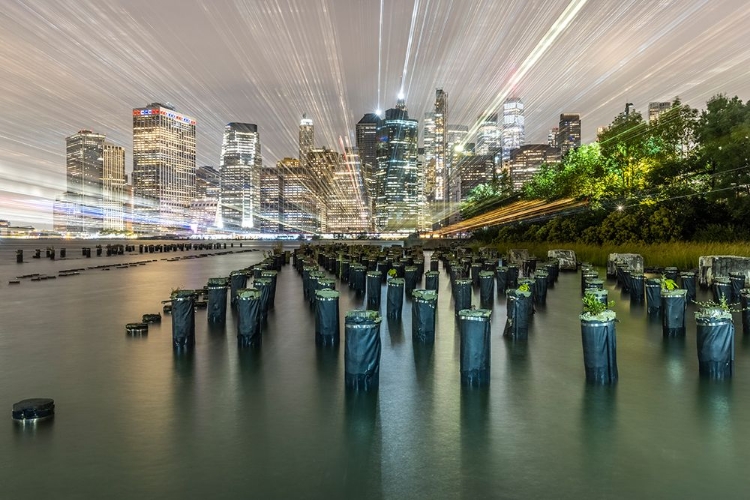 Picture of USA-NEW YORK DOWNTOWN VIEW FROM PIER 1-WOODEN PILINGS IN FRONT OF RIVER IN BROOKLYN HEIGHTS