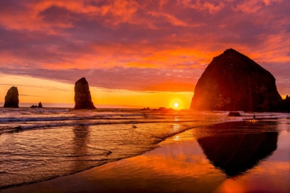 Picture of COLORFUL SUNSET-BIRDS-HAYSTACK ROCK SEA STACKS-CANON BEACH-CLATSOP COUNTY-OREGON-ORIGINALLY DISCOVE