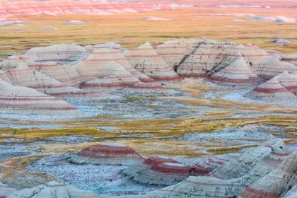 Picture of A CIRCULAR GROUPING OF HOODOO MOUNDS-INTERSPERSED WITH YELLOW GRASSES-PINKS AND RED MIXED IN