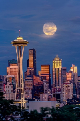 Picture of SEATTLE SKYLINE AND SUPER MOON AT DUSK-SEATTLE-WASHINGTON STATE