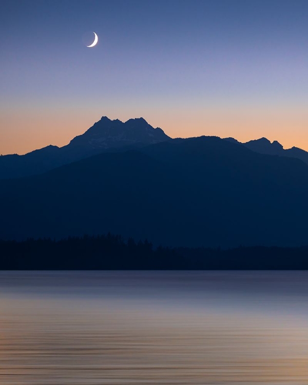 Picture of USA-WASHINGTON STATE-SEABECK CRESCENT MOON AT SUNSET OVER HOOD CANAL AND OLYMPIC MOUNTAINS