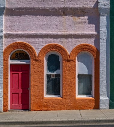 Picture of USA-WASHINGTON STATE-POMEROY COLORFUL OLD BUILDING WITH ARCHED WINDOWS AND DOORWAY WITH SCALE