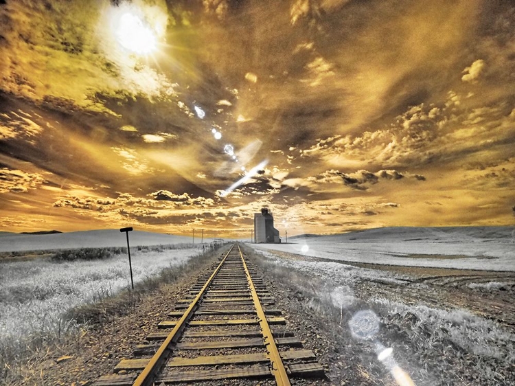 Picture of USA-WASHINGTON STATE-PALOUSE-BACKCOUNTRY RAIL ROAD AND SILO THROUGH WHEAT FIELD WITH CLOUDS