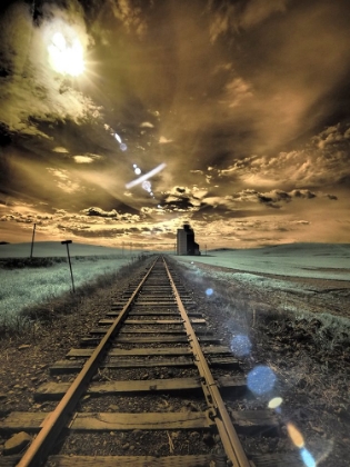 Picture of USA-WASHINGTON STATE-PALOUSE-BACKCOUNTRY RAIL ROAD AND SILO THROUGH WHEAT FIELD WITH CLOUDS