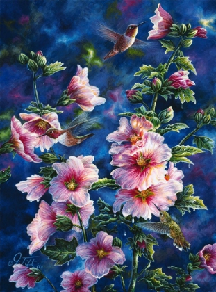 Picture of HOLLYHOCKS AND HUMMINGBIRDS