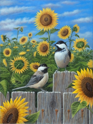 Picture of CHICKADEES AND SUNFLOWERS