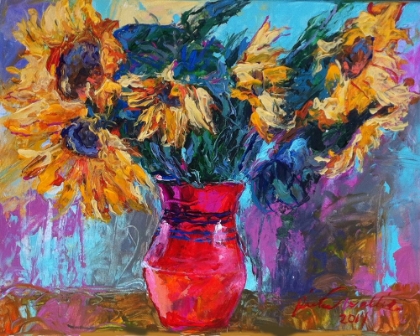 Picture of SUNFLOWERS IN RED VASE