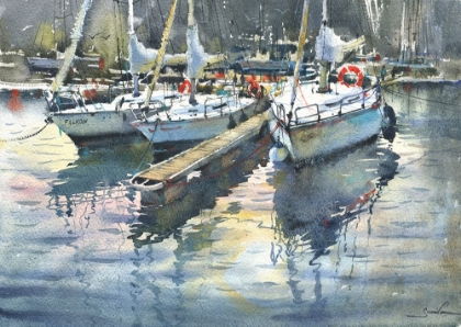 Picture of YACHTS IN THE PORT. WATERCOLOR AQUARELLE PAINTING