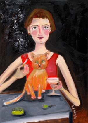 Picture of VINTAGE WOMAN WITH COCKTAIL AND CAT