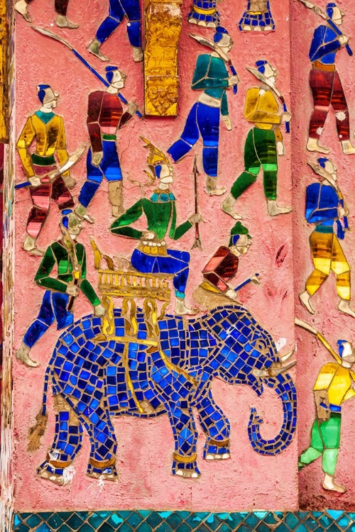 Picture of LAOS- LUANG PRABANG. MOSAIC MURAL DEPICTING A MAN RIDING AN ELEPHANT