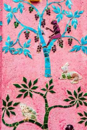 Picture of LAOS- LUANG PRABANG. MOSAIC MURAL DEPICTING A MONKEY IN A FRUIT TREE.