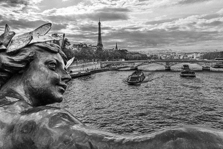 Picture of PARIS. NYMPHES DE LA SEINE STATUE ON PONT ALEXANDRE III- ALONG RIVER SEINE. DISTANT EIFFEL TOWER.