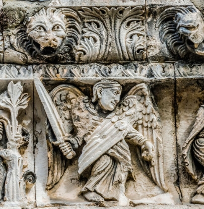 Picture of SAINT MICHAEL ANGEL STATUE FACADE- NIMES CATHEDRAL- GARD- FRANCE. CREATED 1100 AD-