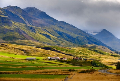 Picture of MOUNTAINS TOWERING OVER OXNADALUR WITH ROAD CLIMBING UP TO OXNADALSHEIDI. EUROPE- ICELAND