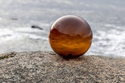 Picture of NORWAY- LOFOTEN ISLANDS- VAREID. MOUNTAINS AND OCEAN VIEWED THROUGH A GLASS BALL