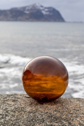 Picture of NORWAY- LOFOTEN ISLANDS- VAREID. MOUNTAINS AND OCEAN VIEWED THROUGH A GLASS BALL