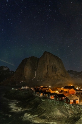 Picture of NORWAY- LOFOTEN ISLANDS. AURORA BOREALIS IN THE SKY ABOVE HAMNOY IN REINE