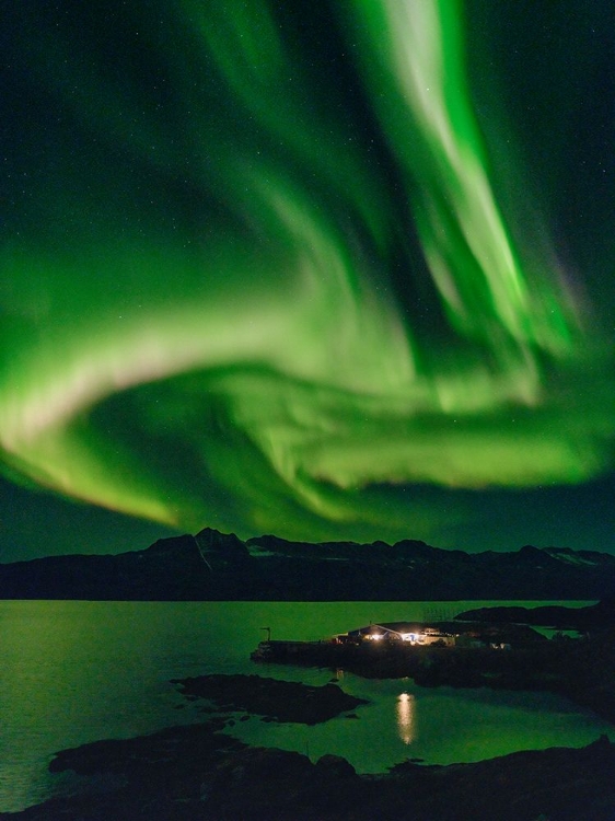 Picture of NORTHERN LIGHTS OVER SETTLEMENT KUUMMIIT. AMMASSALIK AREA IN EAST GREENLAND- DANISH TERRITORY