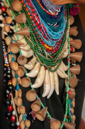 Picture of THE ELABORATE REGALIA OF A SHAMAN IN THE AMAZON JUNGLE FEATURES JAGUAR TEETH AND BEADS.