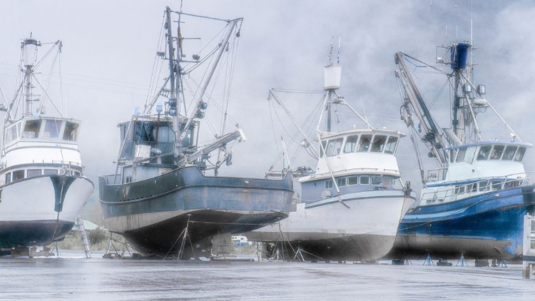 Picture of ALASKA- VALDEZ. FISHING BOATS ON DRY DOCK. ARTISTIC RENDERING.