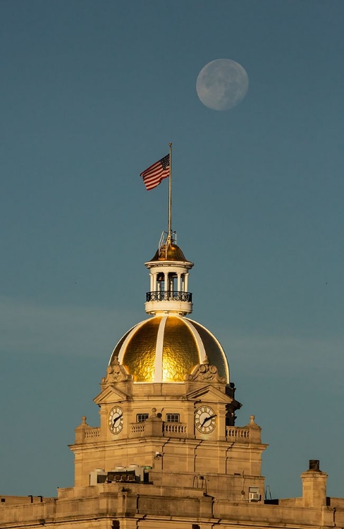 Picture of USA- GEORGIA- SAVANNAH. MOON SETTING OVER GOLD DOME AT CITY HALL.