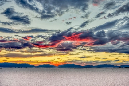 Picture of USA- NEW MEXICO- WHITE SANDS NATIONAL PARK. SUNSET OVER DESERT AND SAN ANDRES MOUNTAINS.