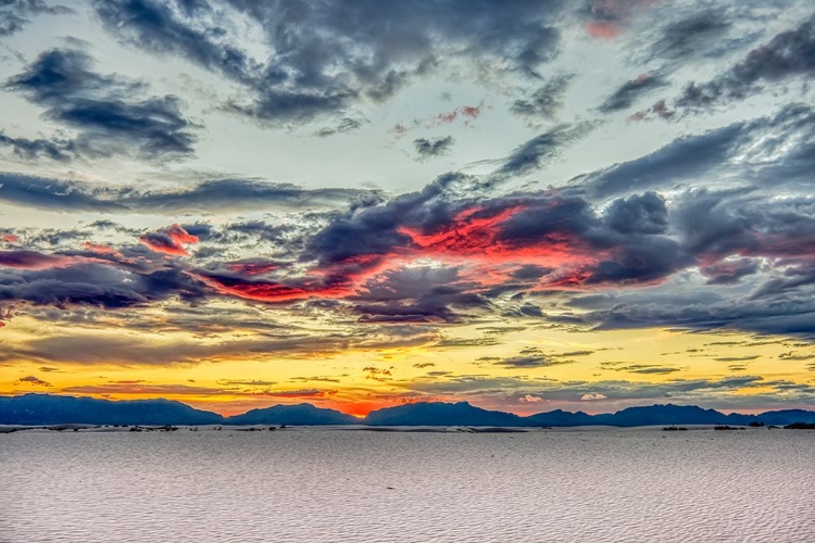 Picture of USA- NEW MEXICO- WHITE SANDS NATIONAL PARK. SUNSET OVER DESERT AND SAN ANDRES MOUNTAINS.