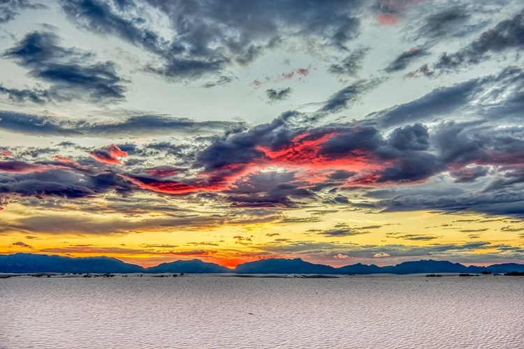Picture of USA- NEW MEXICO- WHITE SANDS NATIONAL PARK. SUNSET OVER DESERT AND SAN ANDRES MOUNTAINS.