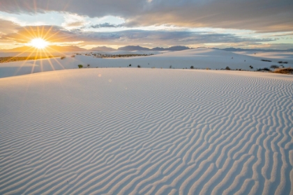 Picture of USA- NEW MEXICO- WHITE SANDS NATIONAL MONUMENT. SUNSET ON WHITE SAND DUNES AND CLOUDS.