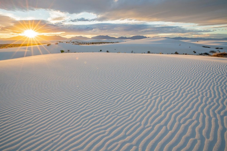 Picture of USA- NEW MEXICO- WHITE SANDS NATIONAL MONUMENT. SUNSET ON WHITE SAND DUNES AND CLOUDS.