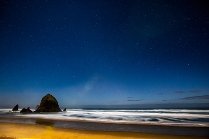 Picture of USA- OREGON. CANNON BEACH AND HAYSTACK ROCK STARS SHOWING DURING BLUE LIGHT.