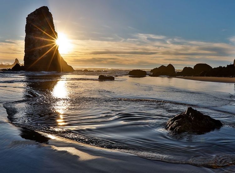 Picture of USA- OREGON. CANNON BEACH LOW TIDE AND RIPPLES IN THE SAND AND SEA STACKS AT SUNSET.