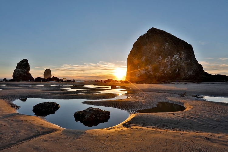 Picture of USA- OREGON. CANNON BEACH WITH HAYSTACK NEAR SUNSET AND LOW TIDE.