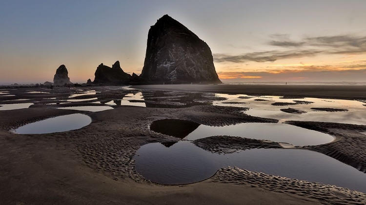 Picture of USA- OREGON. CANNON BEACH WITH HAYSTACK NEAR SUNSET AND LOW TIDE.