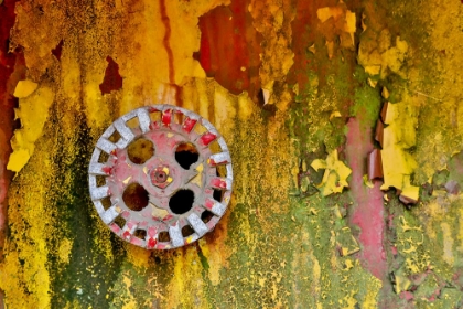 Picture of USA- OREGON- TILLAMOOK. OLD FIRE TRUCK WITH GAUGES AND VALVES WITH COLORFUL PEALING PAINT