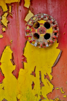 Picture of USA- OREGON- TILLAMOOK. OLD FIRE TRUCK WITH GAUGES AND VALVES WITH COLORFUL PEALING PAINT