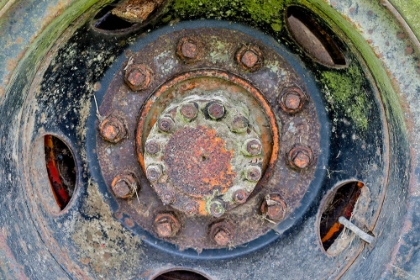Picture of USA- OREGON- TILLAMOOK. CLOSE-UP OF OLD AND RUSTED PAINTED TRUCK WHEELS