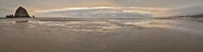 Picture of USA- OREGON. CANNON BEACH AND PANORAMA OF HAYSTACK AT SUNSET AND LOW TIDE.